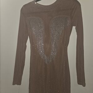 Sexy Embelished Tan Long Sleeve Dress